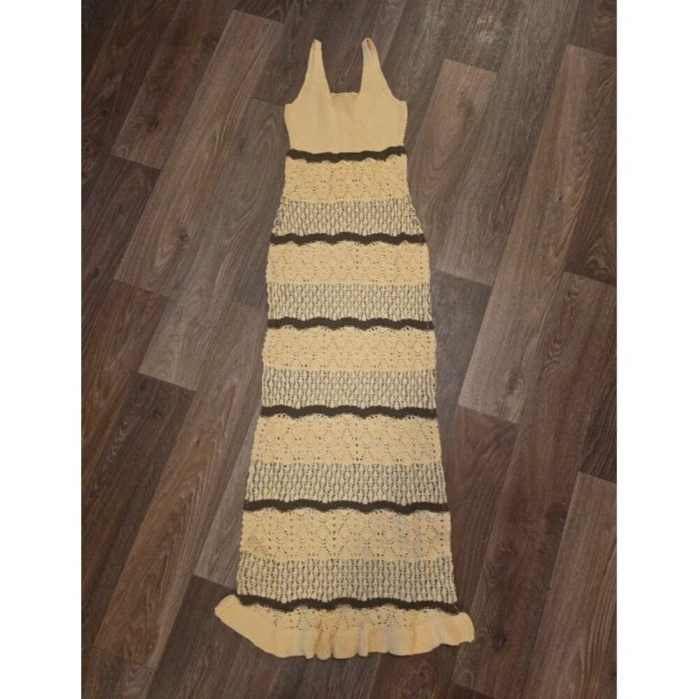 Miss Selfridge (ASOS) Yellow Crochet Knit Openwork Striped Maxi Dress